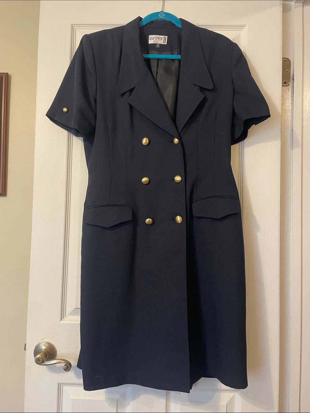 Kasper Navy Double-Breasted Dress with Gold Buttons sharp on!
